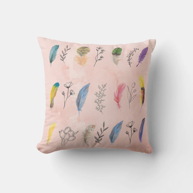 Almofada Boho Watercolor Feathers with Floral Line Drawings (Frente)