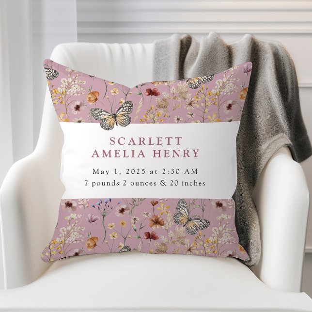 Almofada Boho Wildflower Baby Stats Rosa (Dusty Pink Boho Wildflower Baby Stats Throw Pillow with Butterflies by Painted Paperie
)