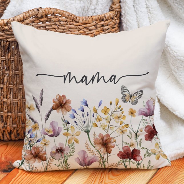 Almofada Boho Wildflower Mama (Boho Wildflowers Mama Throw Pillow with Butterfly by Painted Paperie
)