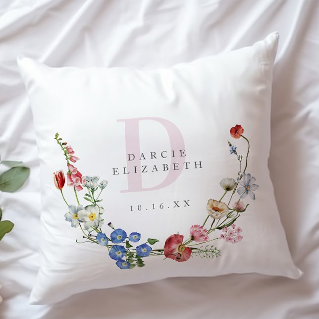 Almofada Boho Wildflower Wreath Monograma Nursery (Criador carregado)