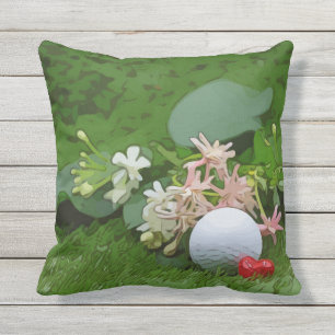 Almofada Bola de golfe e tchau de amor na grama verde ao ar