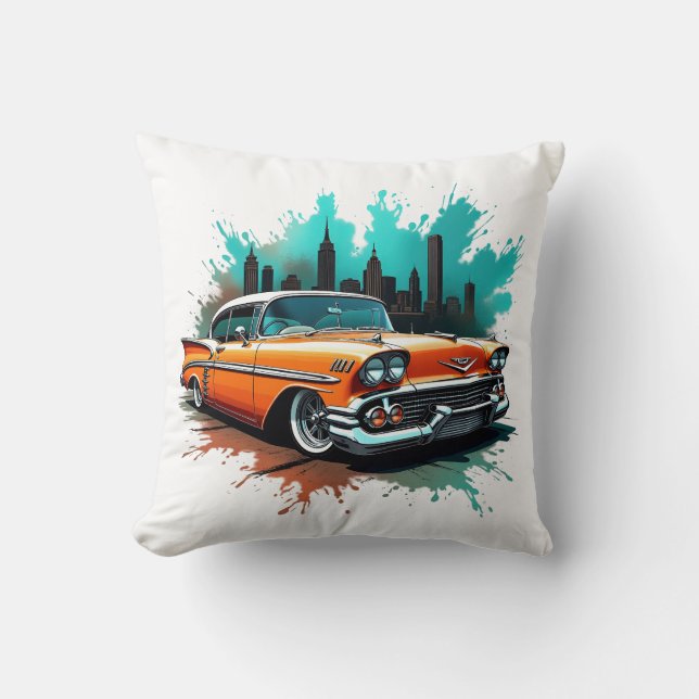 Almofada Bold 1958 Car with Skyline and Paint Splash Design (Frente)