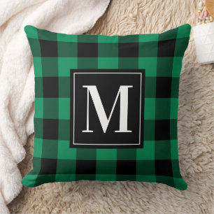 Almofada Bold Verde Preto Plaid Búfalo Monograma Natal