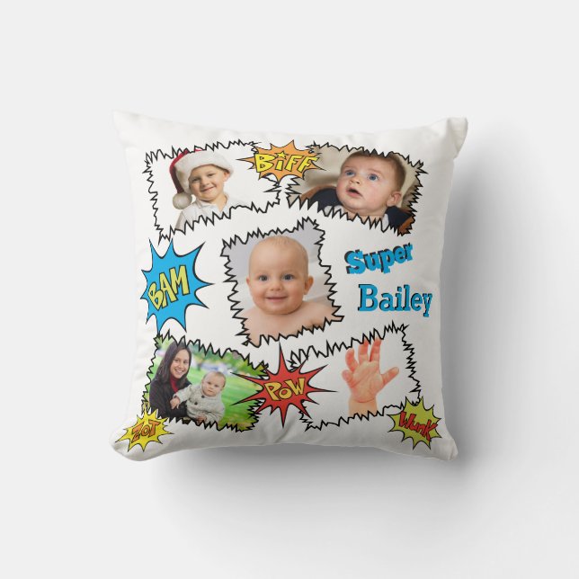 Almofada Bolha de Discurso sobre Colagem de Fotos do Super  (Frente)