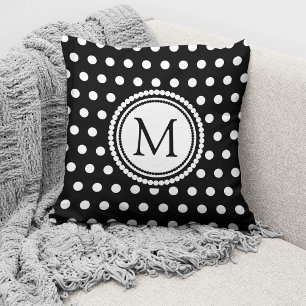 Almofada Bolinhas brancas pretas e monogramas elegantes