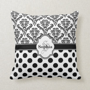 Almofada Bolinhas em branco com Damasco de Vintage Preto