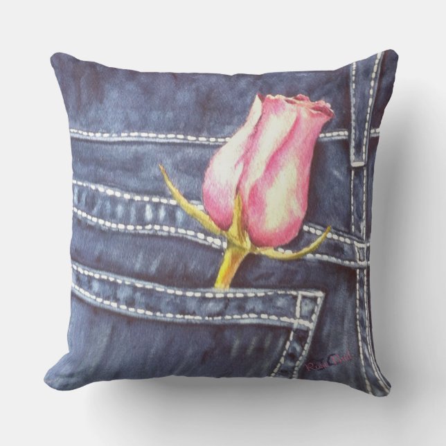 ALMOFADA BOLSO AZUL COM PINK ROSE BUD FLOWO PATIO (Frente)