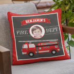 Almofada Bombeiro Bombeiro Fotografia Personalizada Sala de<br><div class="desc">Personalize este travesseiro quadrado fofo com o nome e a foto do seu filho para criar o seu travesseiro de quarto personalizado.</div>