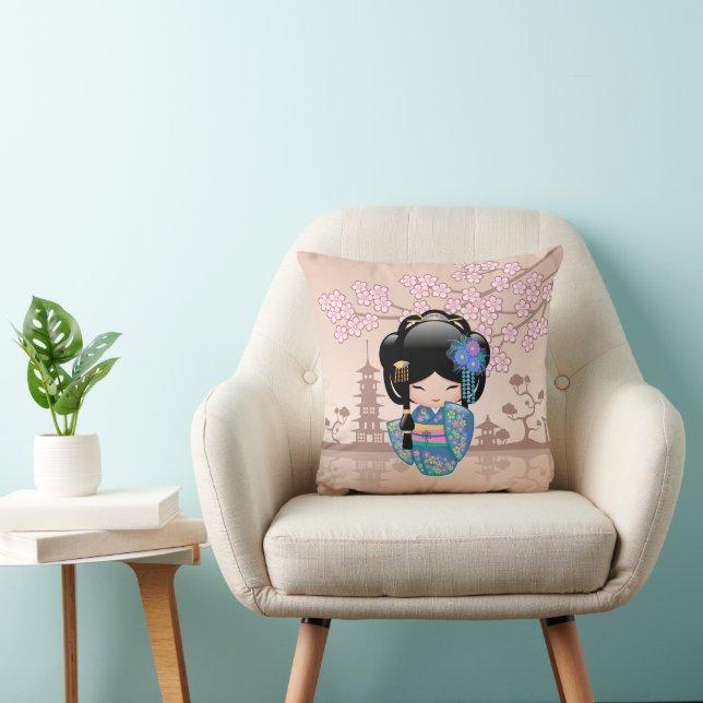 Almofada Boneca Keiko Kokeshi - Garota Geisha de Quimono Az (Cadeira)