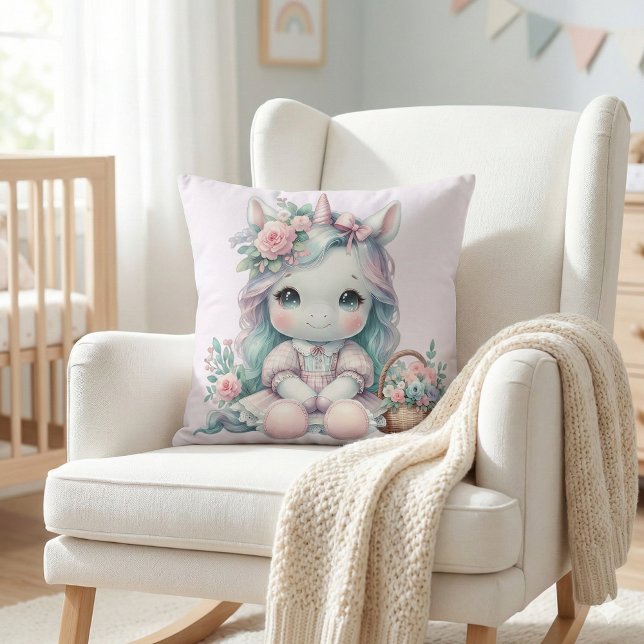 Almofada Boneca Pastel Kawaii Unicórnio com Cesto de Flores (Pastel Kawaii Unicorn Doll with Flower Basket Throw Pillow Mockup B)