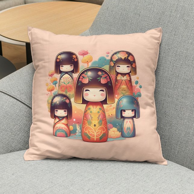 Almofada Bonecas Kokeshi em Aquarela Fofa Rosa (Criador carregado)