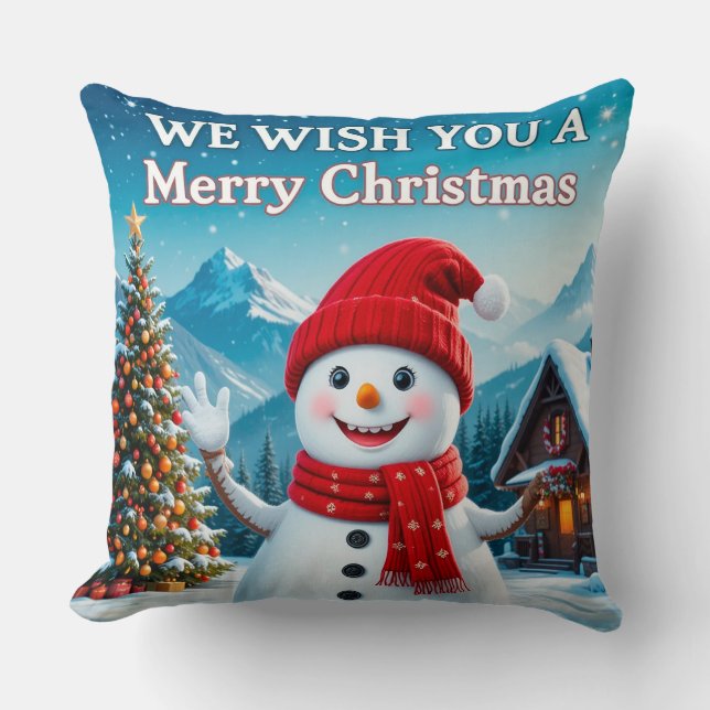 Almofada Boneco de Neve Alegre Desejando um Feliz Natal (Frente)