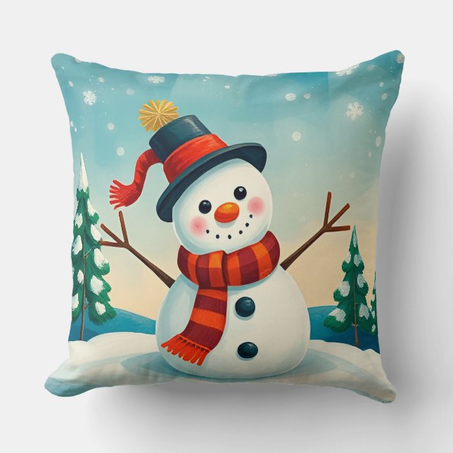 Almofada Boneco de Neve Alegre em Paisagem Invernal (Frente)