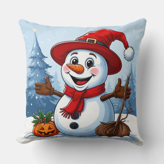 Almofada Boneco de Neve Alegre Usando um Chapéu de Papai No (Frente)