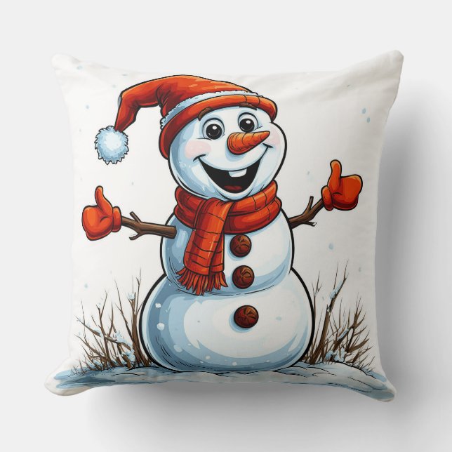 Almofada Boneco de Neve Alegre Vestido com Chapéu de Invern (Frente)