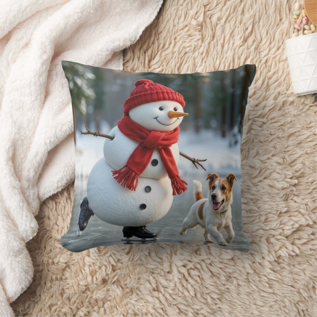 Almofada Boneco de Neve de Natal Patinando Com Cachorro (Cobertor)