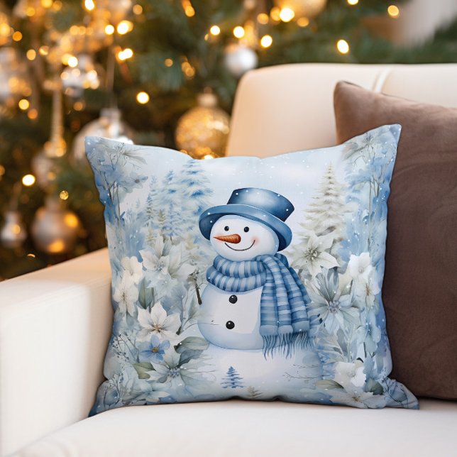 Almofada Boneco de Neve Inverno Neve Chapéu Azul Cachecol (Decorator pillow with a cute snowman wearing a blue top hat and scarf.)