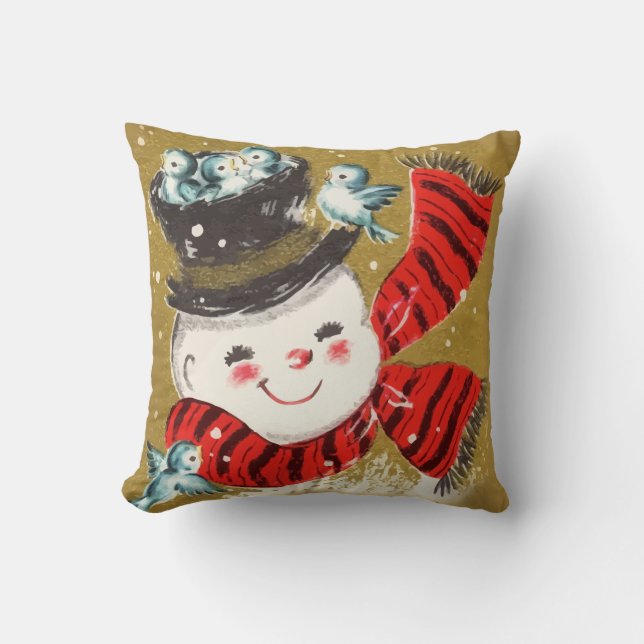 Almofada Boneco de neve retro e pássaros do Natal do (Frente)