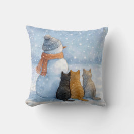 Almofada Bonecos de Neve e Gatos em um Campo Nevado