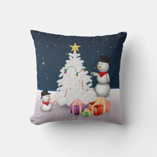 Almofada Bonecos de Neve Fofos com Árvore de Natal (Frente)