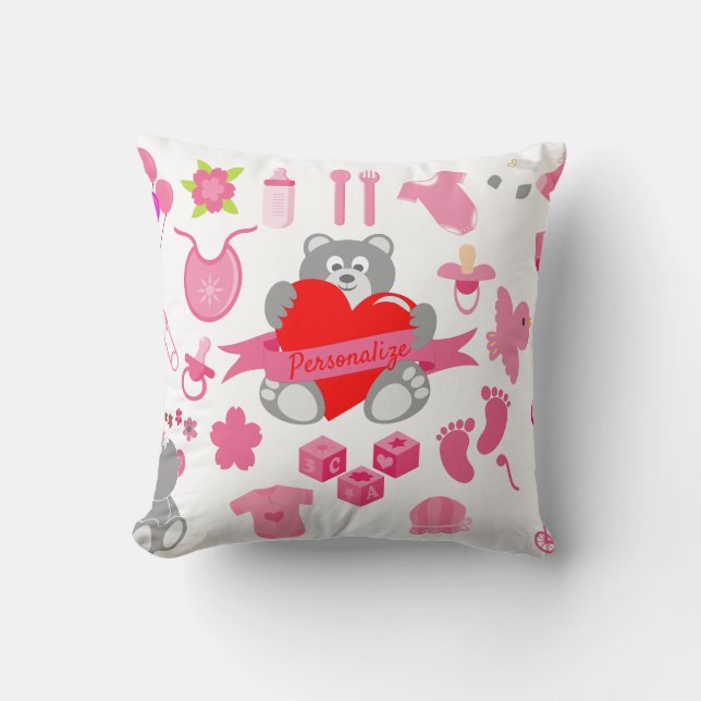 Almofada Bonita Menina Rosa Rosa, Urso Rosa, Personalizada (Frente)