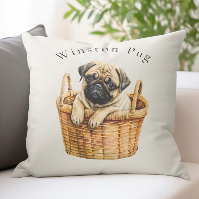 Almofada bonitinho e fofo, pug (cute personalized  modern pug dog throw cushion with custom name space , ideal for any pug lover
)