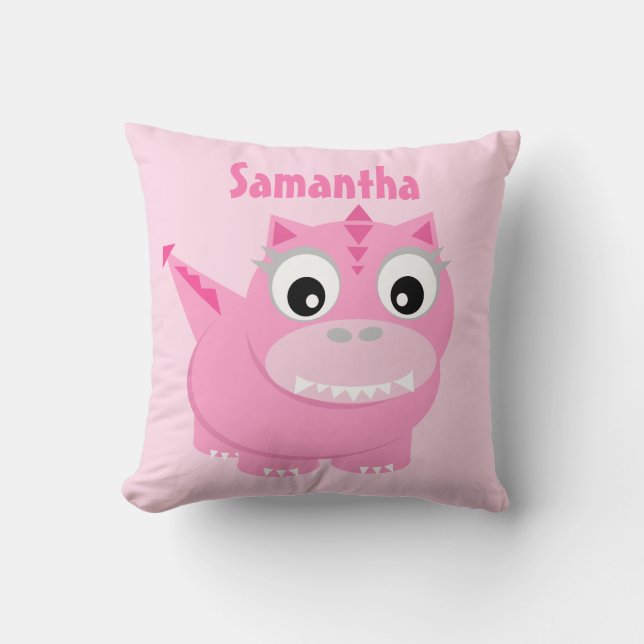 Almofada Bonito Dinossauro Cartoon Pink Crianças Nome Trave (Frente)