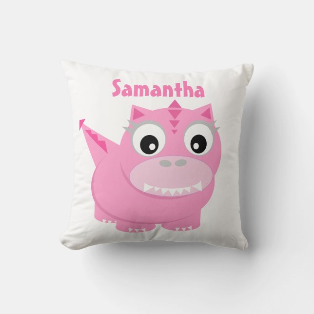 Almofada Bonito Dinossauro Cartoon Pink Crianças Nome Trave (Frente)