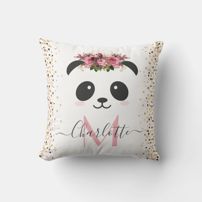 Almofada Bonito monograma floral panda personalizado (Frente)