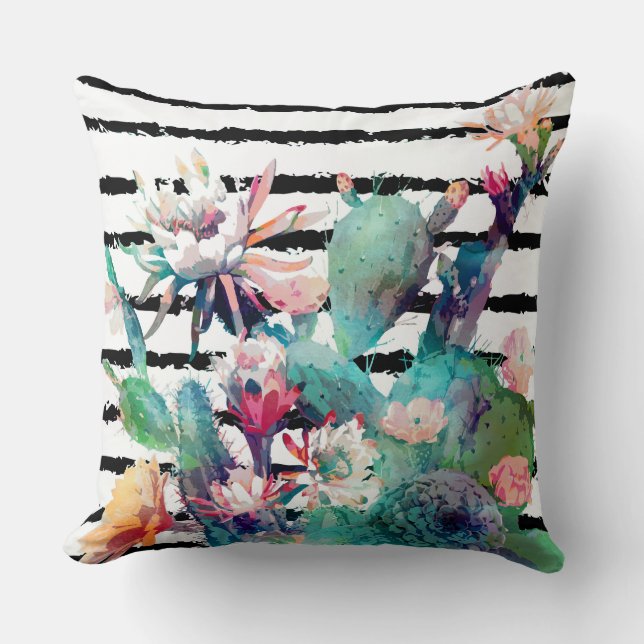 Almofada Bonito Watercolor Cactus Floral Black Stripes (Frente)