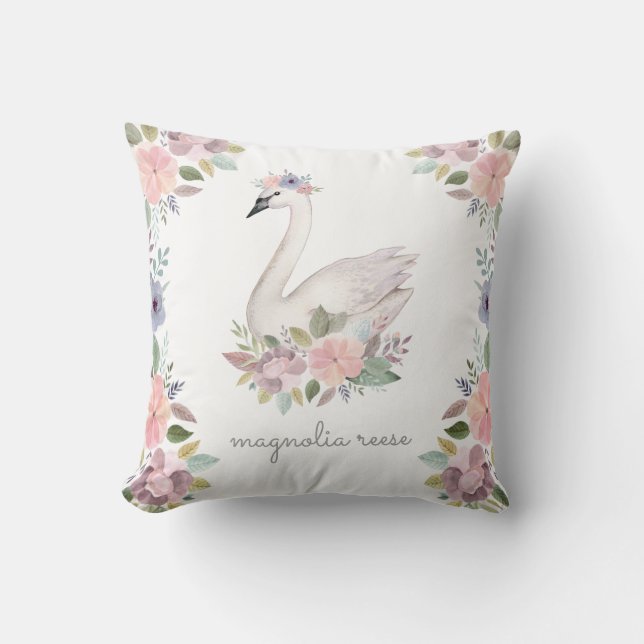 Almofada Bonito Watercolor Floral Swan Nome da Princesa (Frente)