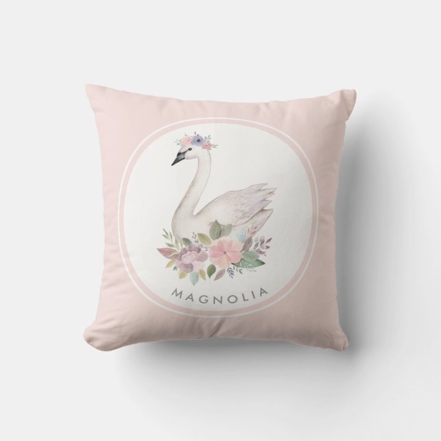 Almofada Bonito Watercolor Floral Swan Nome da Princesa (Frente)