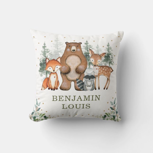 Almofada Bons Animais de Floresta Verde, Dourado Enfermeiro (Frente)