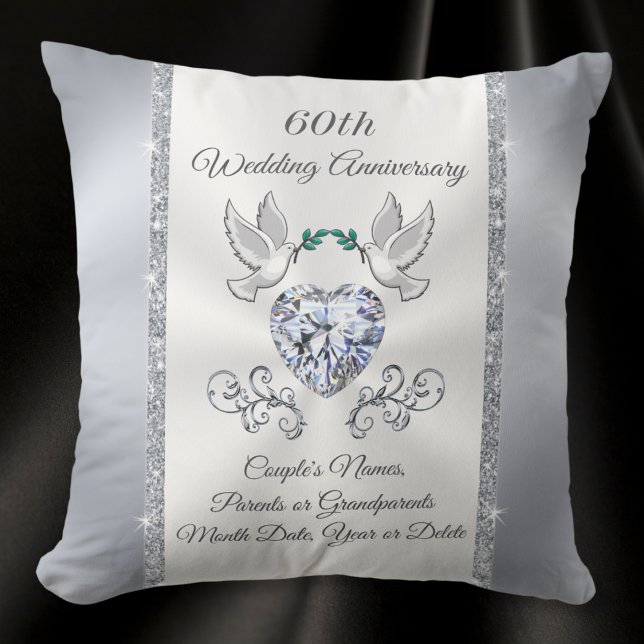 Almofada Bons personalizados 60 anos de oferta de Casamento (60th wedding anniversary gifts for grandparents. Diamond anniversary throw pillow with Heart Diamond)