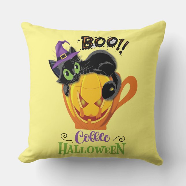 Almofada Boo Black Cat, Assustador Pumpkin Café Halloween (Frente)