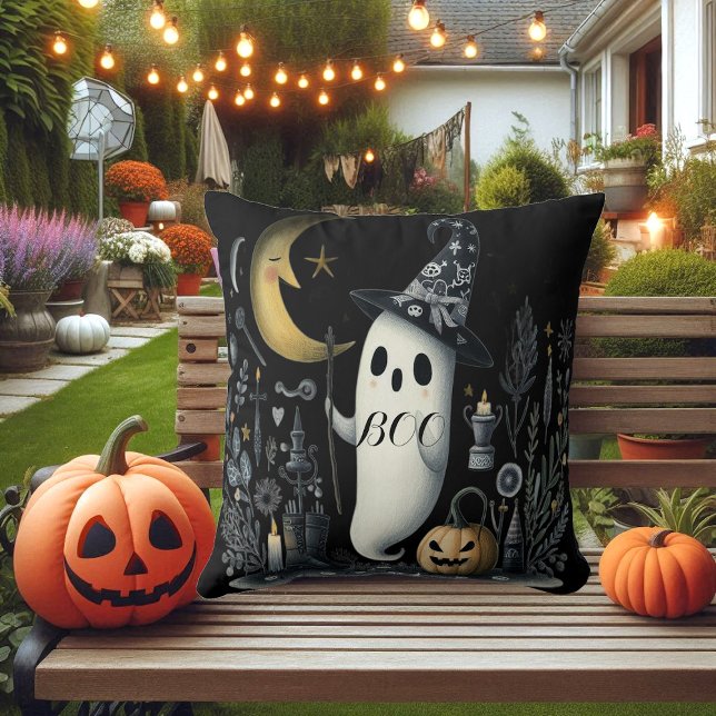 Almofada Boo Halloween Fantasma Noite Negra Meia Lua (Boo Halloween Ghost Black Night Half Moon Jack Fun Throw Pillow)