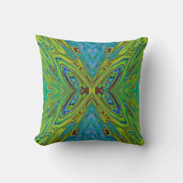Almofada Borboleta Abstrata Chartreuse e Azul Trippy (Frente)