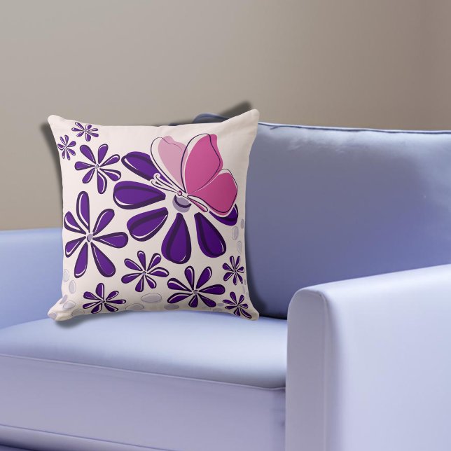 Almofada Borboleta abstrato e Arte Rosa e Roxa do Flor (Abstract Butterfly and Blossom Pink and Purple Art Throw Pillow)