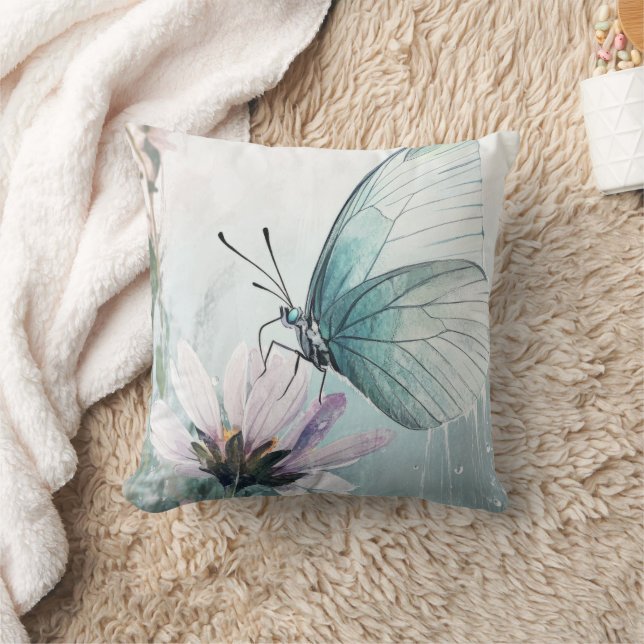Almofada Borboleta Azul-Menta Suave Floral Pastel (Cobertor)