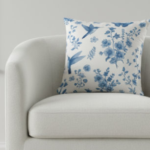 Almofada Borboleta Beija-flor Elegante Floral Azul Toile
