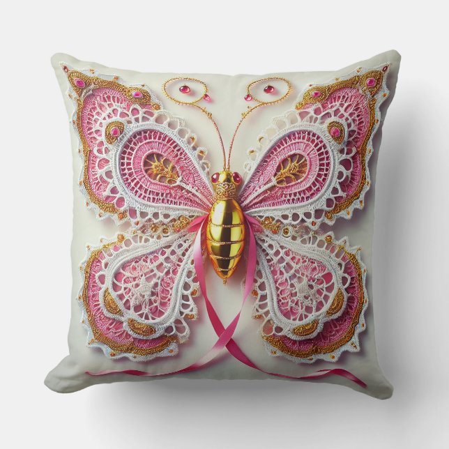 Almofada Borboleta de Renda Intrincada com Rosa e Dourado (Frente)