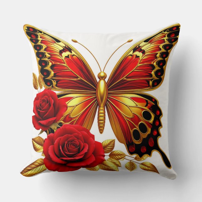 Almofada Borboleta Dourada Com Rosas Vermelhas E Folhas Dou (Frente)