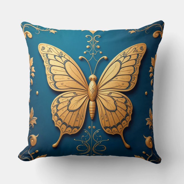 Almofada Borboleta Dourada Ornamentada Com Padrão Floral (Frente)