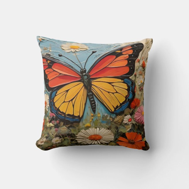 Almofada Borboleta em flores silvestres em pintura de Prima (Frente)