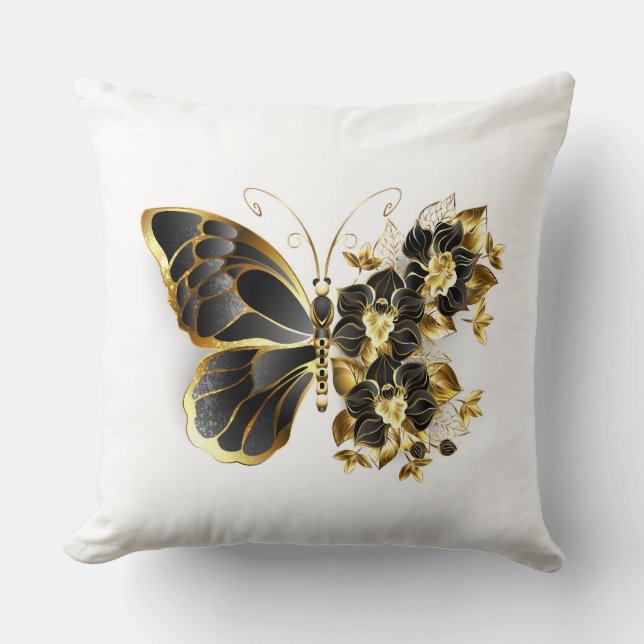 Almofada Borboleta Flor de Ouro com Orquídea Preta (Frente)