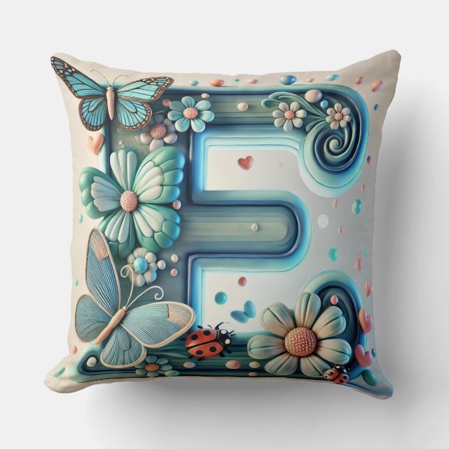 Almofada 🦋 Borboleta Letra E Floral Monograma Decoração (Frente)