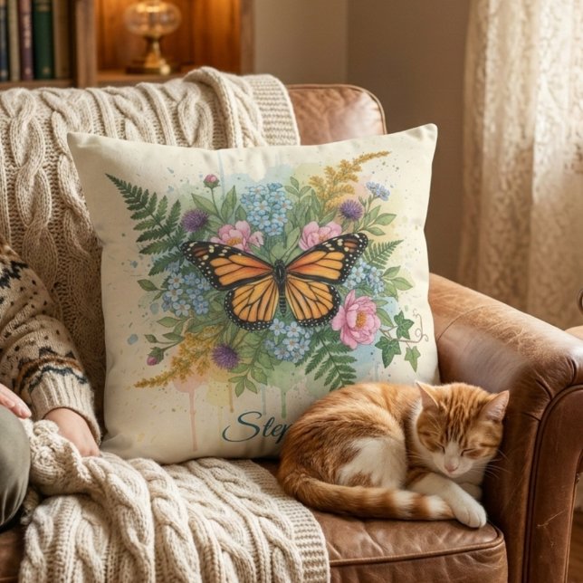 Almofada Borboleta Monarca Floral Aquarela (Botanical monarch butterfly decorative pillow)