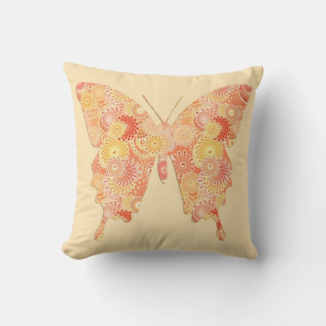 Almofada Borboleta no teste padrão do fractal - laranja e (Frente)