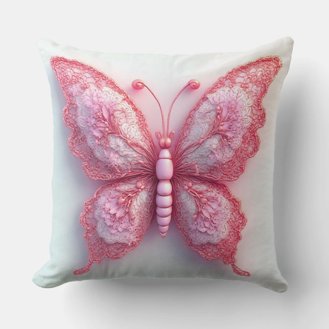 Almofada Borboleta Rosa Elegante Com Asas de Renda Intrinca (Frente)