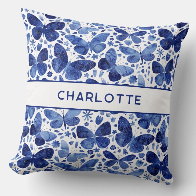 Almofada Borboletas Aquarela Azul Personalizado (Blue and white watercolor butterfly art personalized custom name throw pillow)